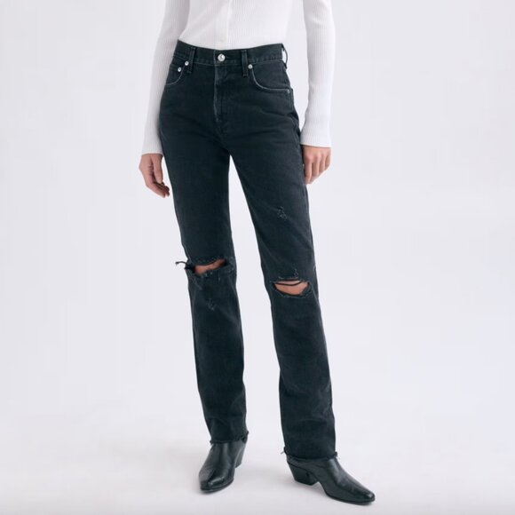 AGOLDE Black Distortion Wash Cherie High Rise Distressed Straight Denim Jeans - Picture 1 of 8